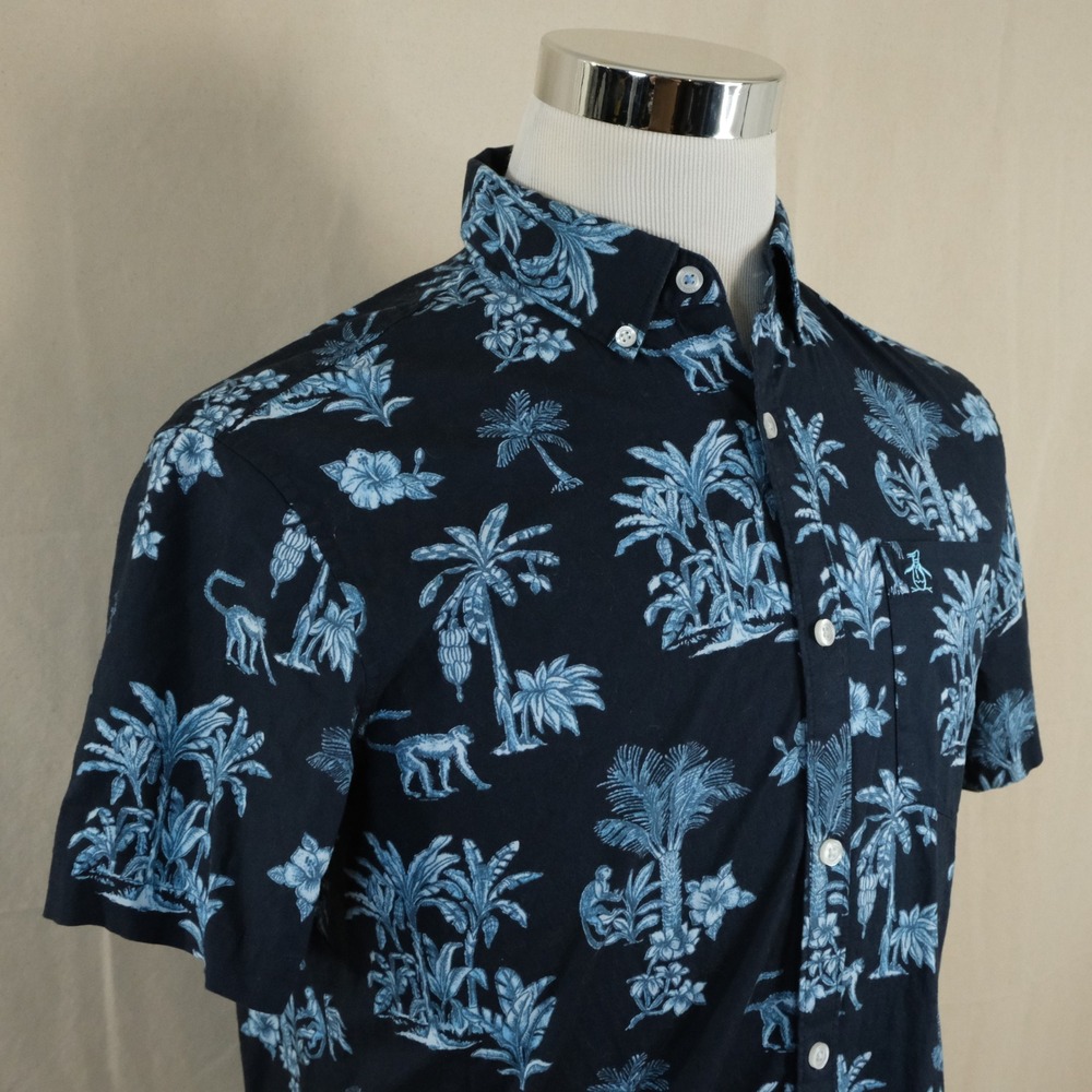 Original Penguin Medium Hawaiian Shirt Navy Blue Monkey Tropical Print Mens